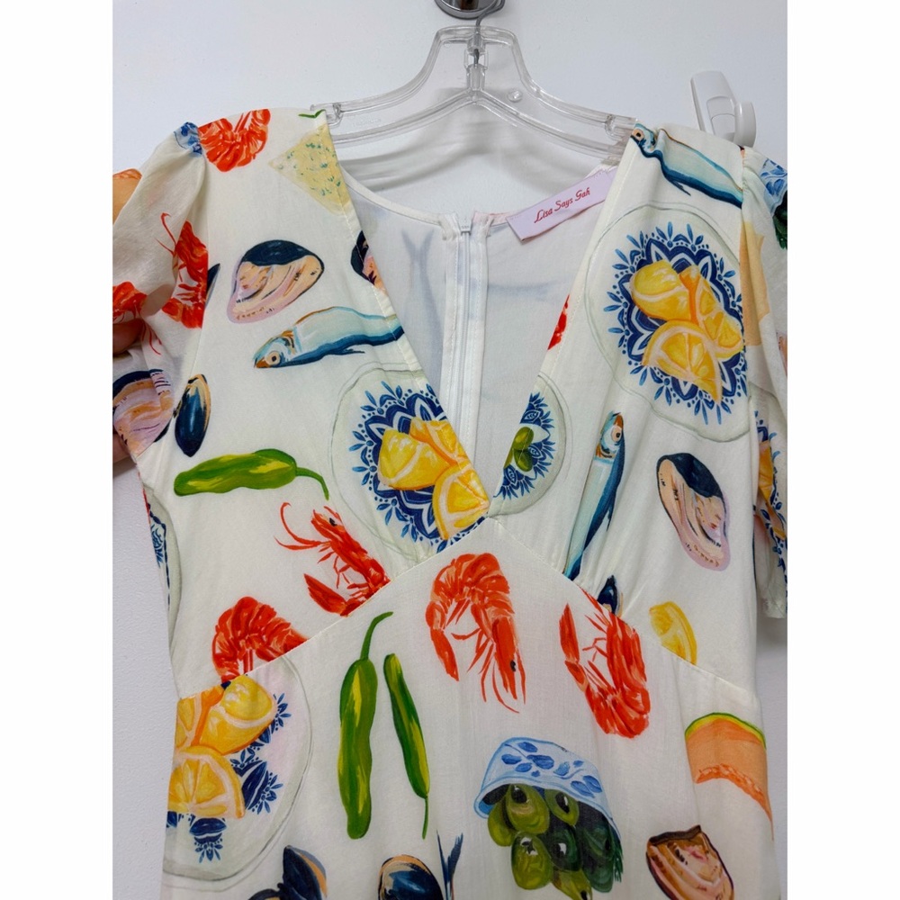 Lisa Says Gah Grace Food Print Midi Dress Tapas Ivory Lemon Olive Fruit XS - Picture 5 of 16